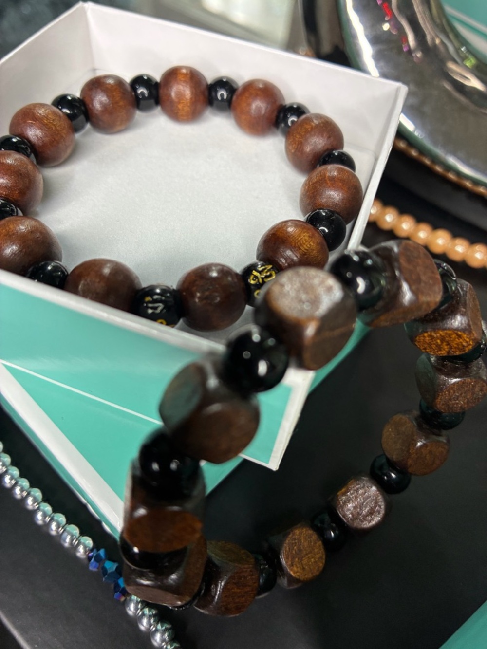 Brown Wood and Black Bead Stretch Bracelet Set